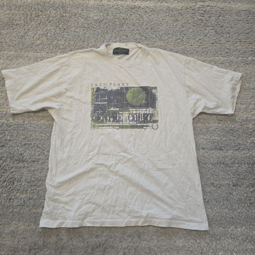 Men’s Vintage Fred Perry Single Stitch Graphic Large T-Shirt White Made England